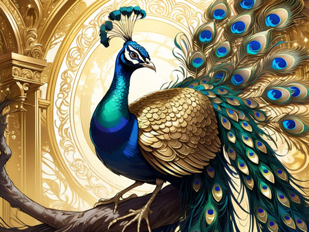 a peacock sitting on top of a tree peacock exquisite digital art golden feathers beautiful artの素材