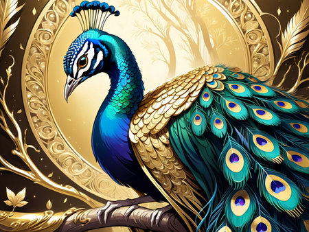 a peacock sitting on top of a tree peacock exquisite digital art golden feathers beautiful artの素材