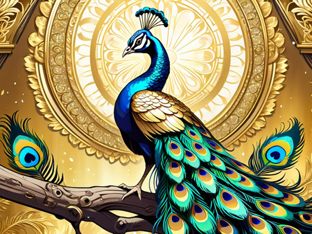 a peacock sitting on top of a tree peacock exquisite digital art golden feathers beautiful artの素材