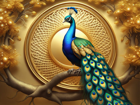 a peacock sitting on top of a tree peacock exquisite digital art golden feathers beautiful artの素材