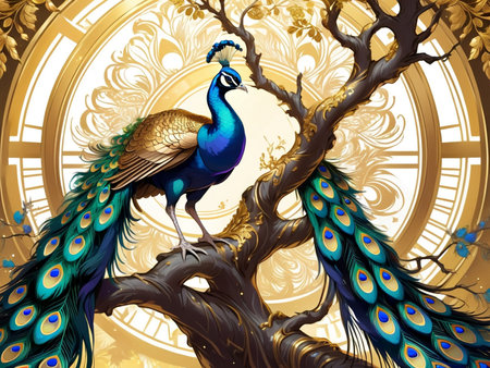 a peacock sitting on top of a tree peacock exquisite digital art golden feathers beautiful artの素材