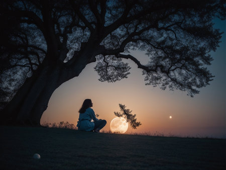 a person sitting under a tree under a full moon, full moon background, beautiful moon lightの素材