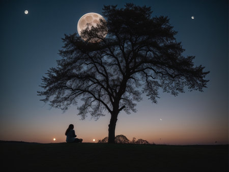 a person sitting under a tree under a full moon, full moon background, beautiful moon lightの素材