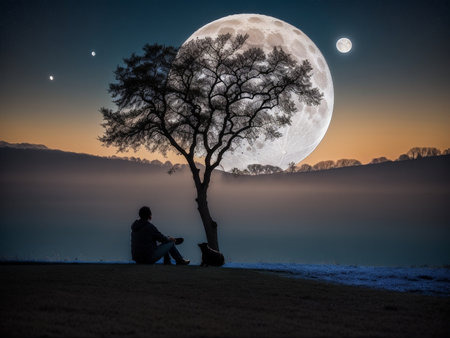 a person sitting under a tree under a full moon, full moon background, beautiful moon lightの素材