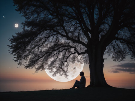 a person sitting under a tree under a full moon, full moon background, beautiful moon lightの素材