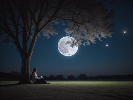 a person sitting under a tree under a full moon, full moon background, beautiful moon lightの素材