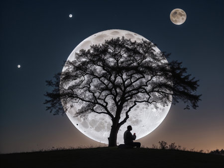a person sitting under a tree under a full moon, full moon background, beautiful moon lightの素材