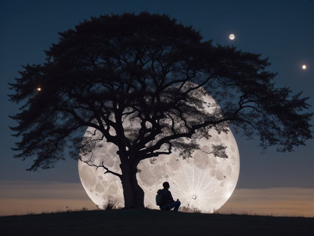 a person sitting under a tree under a full moon, full moon background, beautiful moon lightの素材