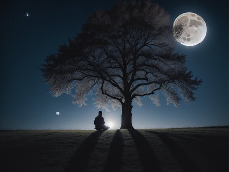 a person sitting under a tree under a full moon, full moon background, beautiful moon lightの素材