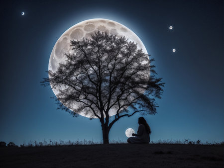 a person sitting under a tree under a full moon, full moon background, beautiful moon lightの素材