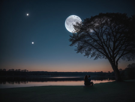 a person sitting under a tree under a full moon, full moon background, beautiful moon lightの素材