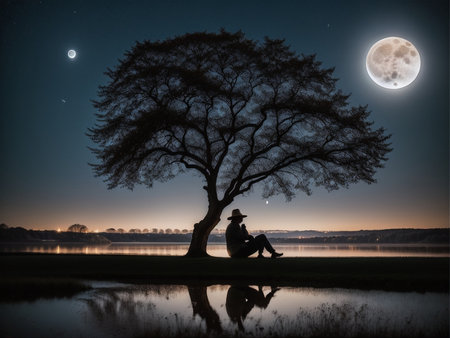 a person sitting under a tree under a full moon, full moon background, beautiful moon lightの素材