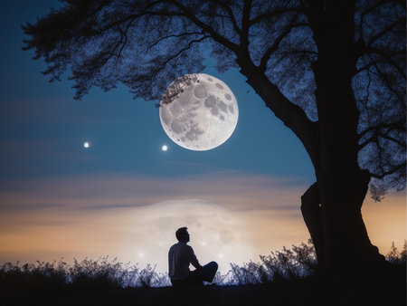 a person sitting under a tree under a full moon, full moon background, beautiful moon lightの素材