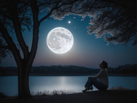 a person sitting under a tree under a full moon, full moon background, beautiful moon lightの素材