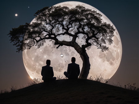 a person sitting under a tree under a full moon, full moon background, beautiful moon lightの素材