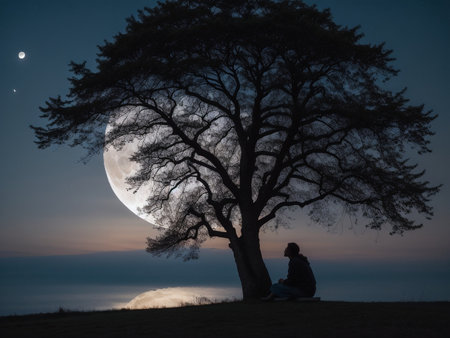 a person sitting under a tree under a full moon, full moon background, beautiful moon lightの素材