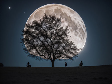 a person sitting under a tree under a full moon, full moon background, beautiful moon lightの素材