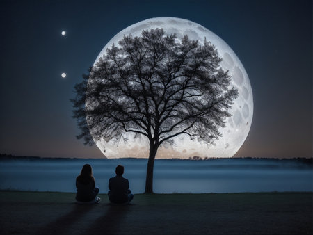 a person sitting under a tree under a full moon, full moon background, beautiful moon lightの素材
