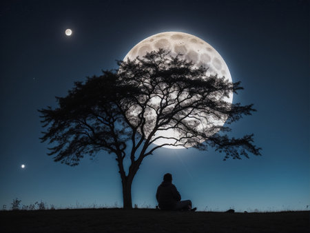 a person sitting under a tree under a full moon, full moon background, beautiful moon lightの素材