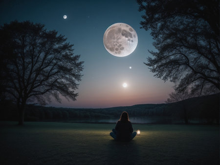 a person sitting under a tree under a full moon, full moon background, beautiful moon lightの素材