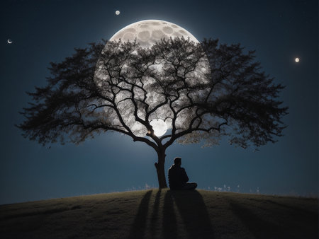 a person sitting under a tree under a full moon, full moon background, beautiful moon lightの素材