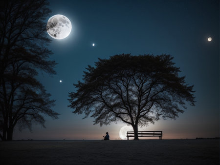 a person sitting under a tree under a full moon, full moon background, beautiful moon lightの素材