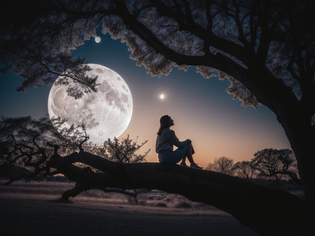 a person sitting under a tree under a full moon, full moon background, beautiful moon lightの素材