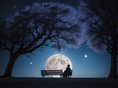a person sitting under a tree under a full moon, full moon background, beautiful moon lightの素材