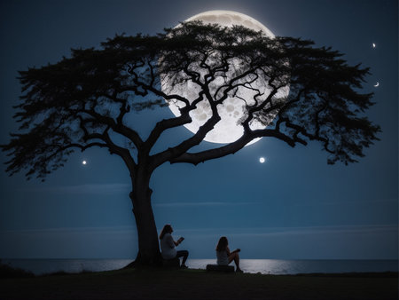 a person sitting under a tree under a full moon, full moon background, beautiful moon lightの素材