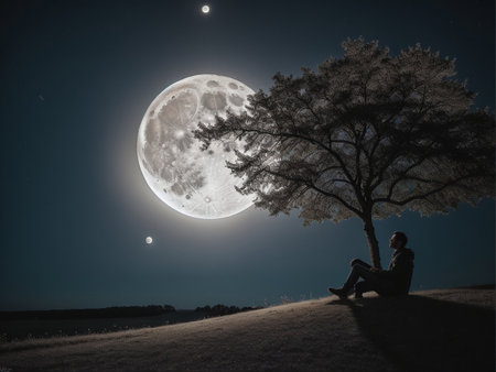 a person sitting under a tree under a full moon, full moon background, beautiful moon lightの素材