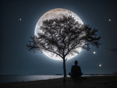 a person sitting under a tree under a full moon, full moon background, beautiful moon lightの素材