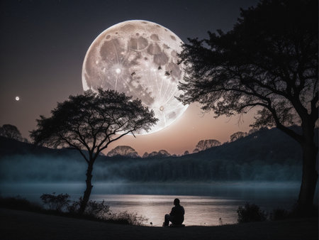 a person sitting under a tree under a full moon, full moon background, beautiful moon lightの素材
