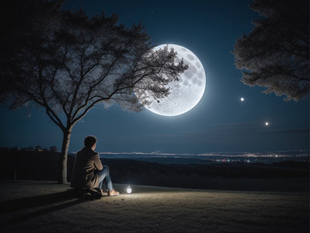 a person sitting under a tree under a full moon, full moon background, beautiful moon lightの素材