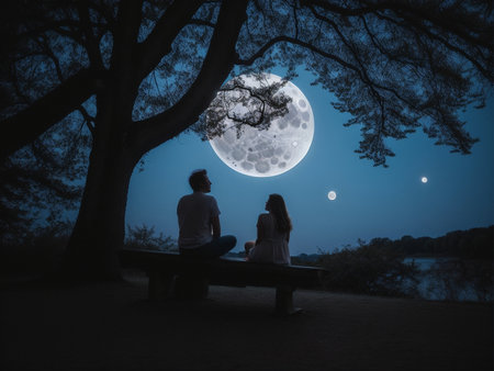 a person sitting under a tree under a full moon, full moon background, beautiful moon lightの素材