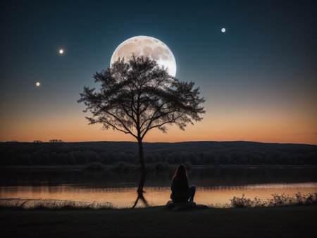 a person sitting under a tree under a full moon, full moon background, beautiful moon lightの素材