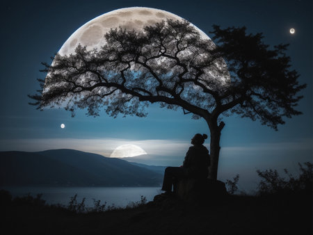 a person sitting under a tree under a full moon, full moon background, beautiful moon lightの素材