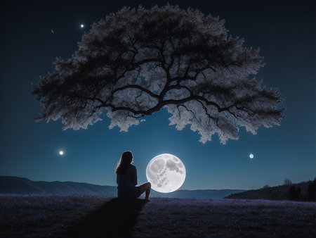 a person sitting under a tree under a full moon, full moon background, beautiful moon lightの素材