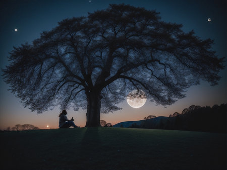 a person sitting under a tree under a full moon, full moon background, beautiful moon lightの素材