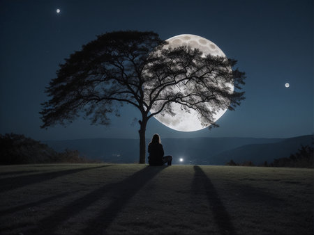 a person sitting under a tree under a full moon, full moon background, beautiful moon lightの素材