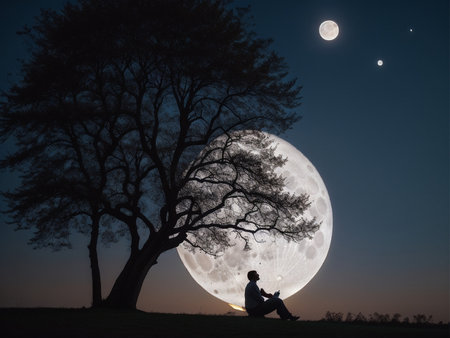 a person sitting under a tree under a full moon, full moon background, beautiful moon lightの素材
