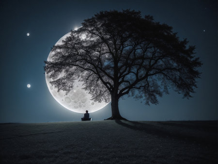 a person sitting under a tree under a full moon, full moon background, beautiful moon lightの素材