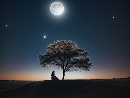 a person sitting under a tree under a full moon, full moon background, beautiful moon lightの素材