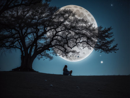 a person sitting under a tree under a full moon, full moon background, beautiful moon lightの素材