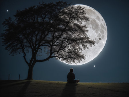 a person sitting under a tree under a full moon, full moon background, beautiful moon lightの素材