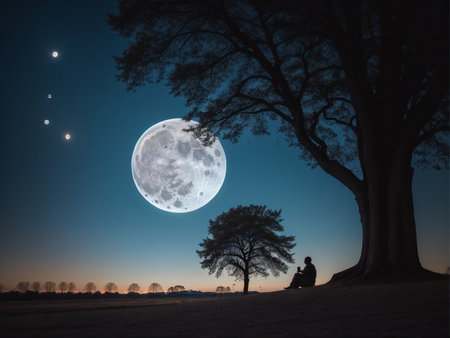 a person sitting under a tree under a full moon, full moon background, beautiful moon lightの素材