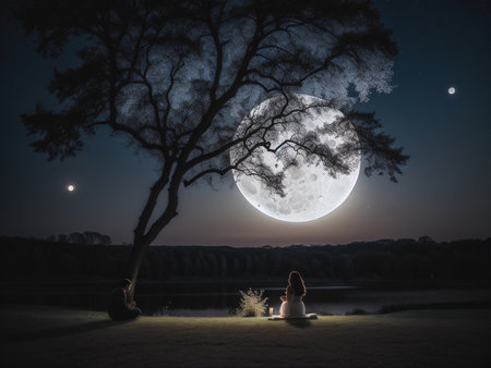a person sitting under a tree under a full moon, full moon background, beautiful moon lightの素材
