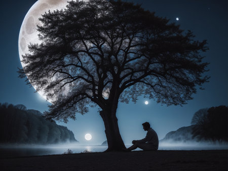 a person sitting under a tree under a full moon, full moon background, beautiful moon lightの素材