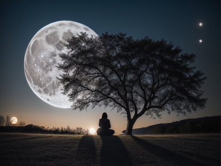 a person sitting under a tree under a full moon, full moon background, beautiful moon lightの素材