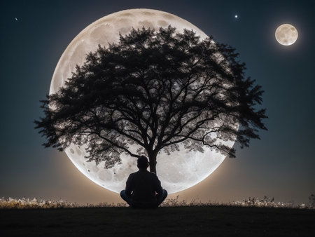 a person sitting under a tree under a full moon, full moon background, beautiful moon lightの素材