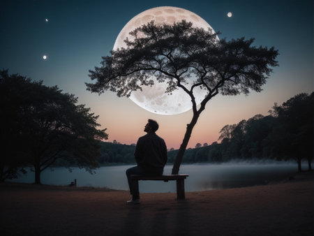 a person sitting under a tree under a full moon, full moon background, beautiful moon lightの素材